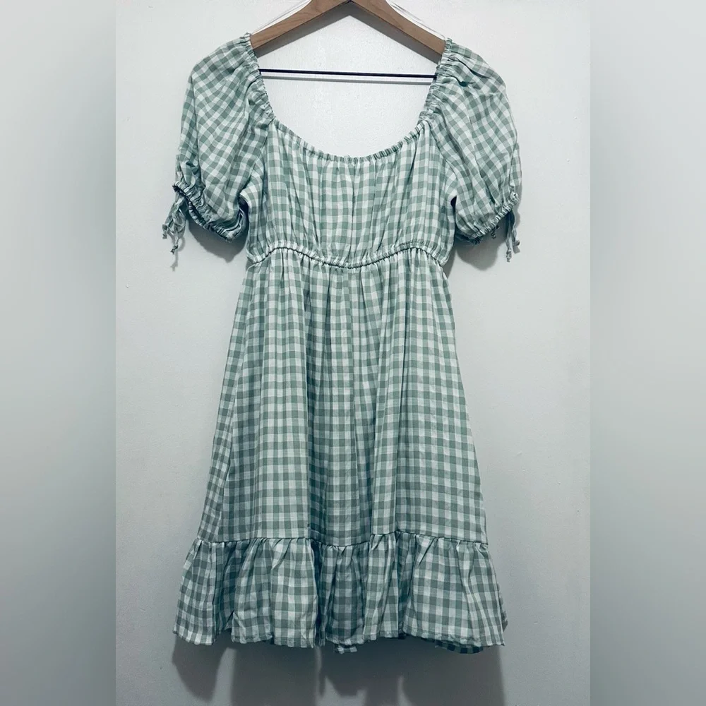 NWT Thirty/Thirty LA Green & White Gingham Dress, Babydoll Mini Dress, Medium - Picture 2 of 15